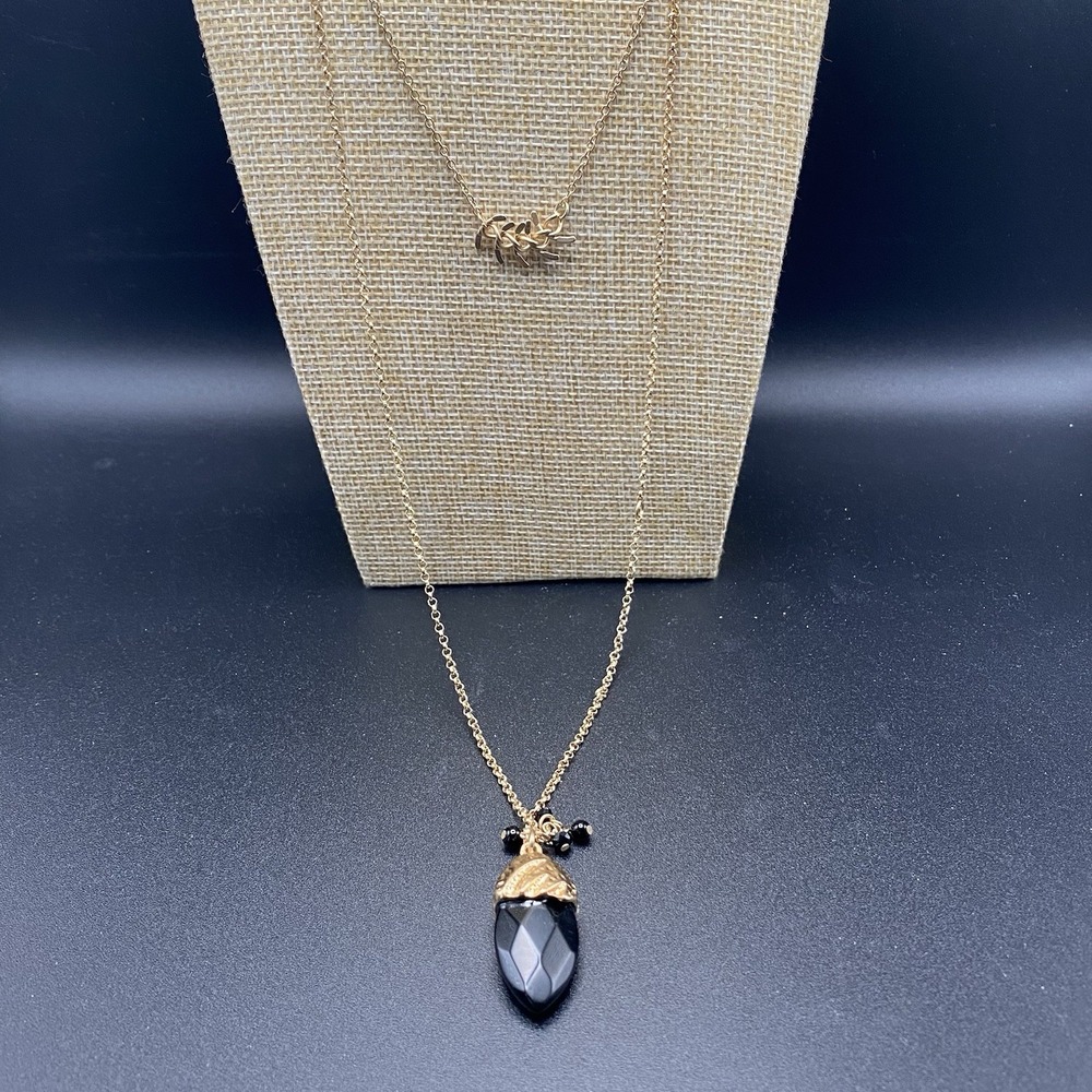 Santorini Gold Tone Double Chain Necklace Vintage Black Stone Bead 30"